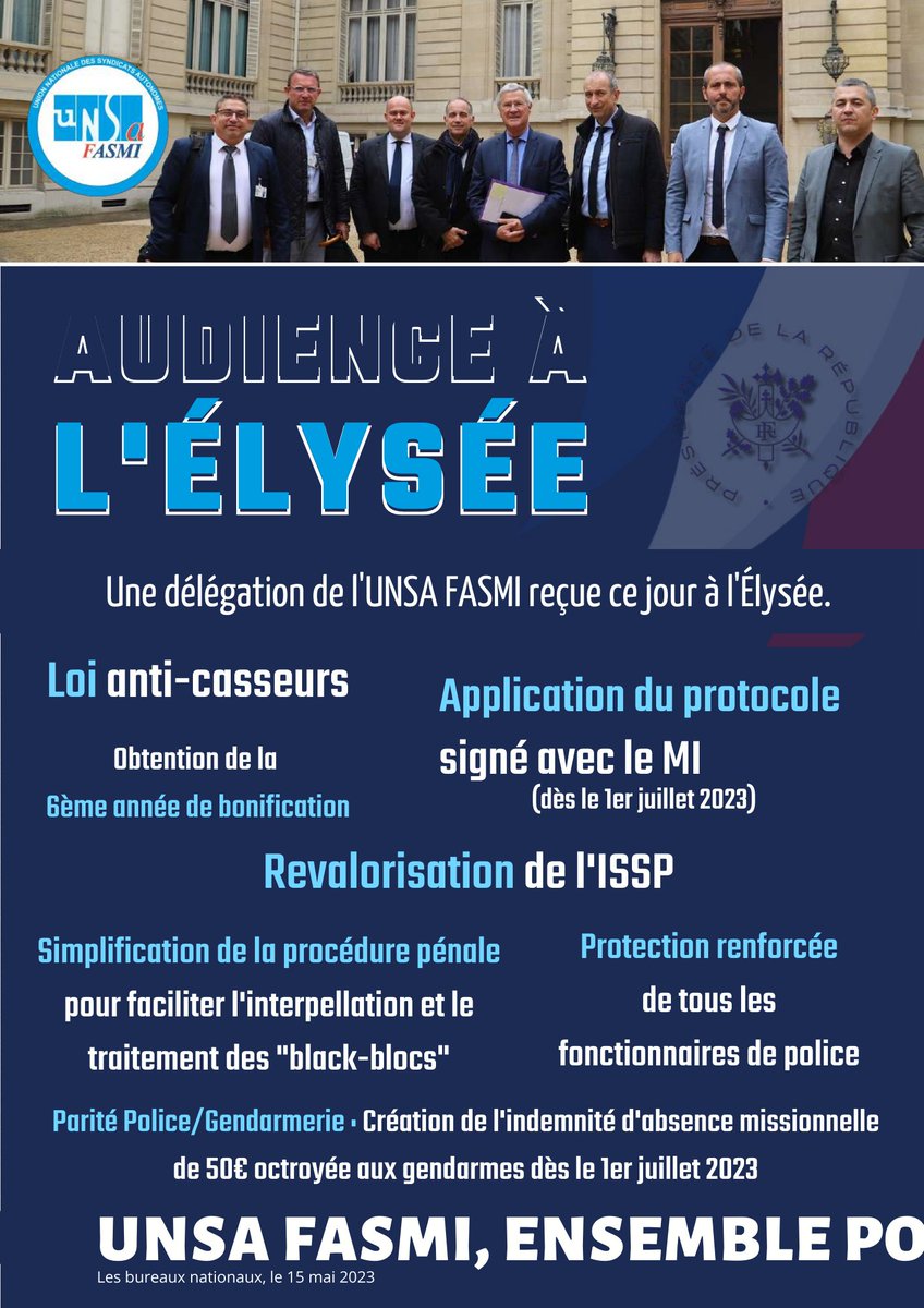 #uats #unsa reçue à l' #Elysee afin de porter les #revendications de #unsafasmi #Ensemble soutenons les #FDO #Police #Gendarmerie #France #Paris