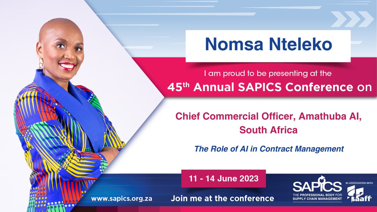 #SAPICS2023 #SAPICSinAfrica #ForwardThinking #supplychainmanagement #CCCC
@SAPICS01 
#artficialintelligence #contractlifecyclemanagement 
#amathubaAI
@AmathubaA 

I invite you to join us at conference.sapics.org/2023-delegates