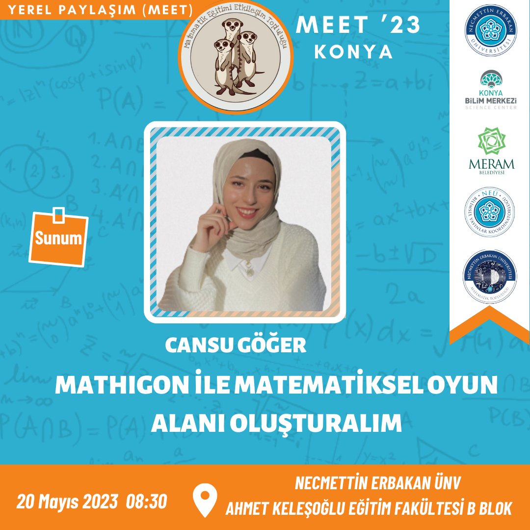 meet4math's tweet photo. @CansuGoger “Mathigon ile Matematiksel Oyun Alanı Oluşturalım” başlıklı sunumu ile MEET ‘23 Konya Yerel Paylaşımında!
20 Mayıs 2023, Cumartesi günü, saat 08.30’da görüşmek dileğiyle!
#meet4math #meet23 #matematikbirlestirir #bplanı #matematikeğitimi #mathematicseducation https://t.co/GRLwAtrLXn