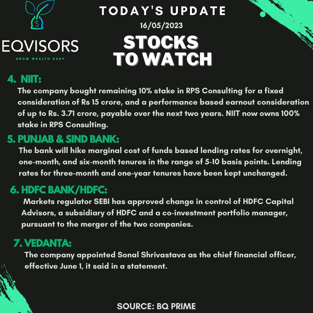 Stocks to Watch👀
(16/5/23)

This is just an update and not a recommendation. 

#investors #StocksInFocus #UltraTech #Bharat #Cement #finance #Wipro #HCL #BANK #india #NIIT #tech #HDFC #Vedanta #investors #investing #StockMarketindia #stockupdates #news #equitymarkets