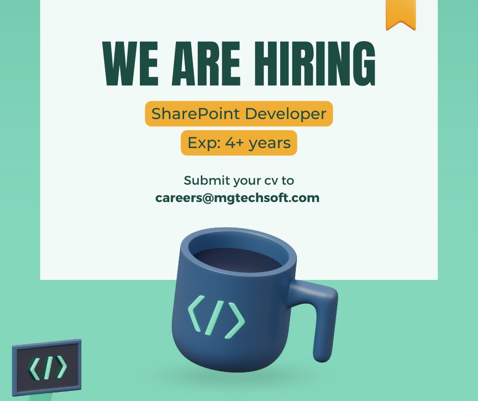 Mgtechsoft's tweet image. Exciting opportunity for a SharePoint Developer with 4+ years of experience in Visual Studio, C#, and SharePoint object model in Bangalore!
Apply now at mgtechsoft.com/jobs/sharepoin… today!
#SharePointDeveloper #SoftwareEngineering #BangaloreJobs #ITjobs #Careers #Opportunity