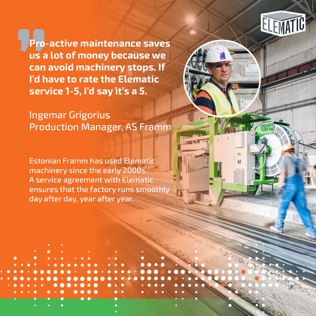 With a service agreement with Elematic, Framm’s precast factory in Tallin, Estonia, runs smoothly day after day, year after year. Pro-active #maintenance minimizes machinery stops and saves money. 💰 bit.ly/42awWde #precastconcrete  #thefuturerunsgreen