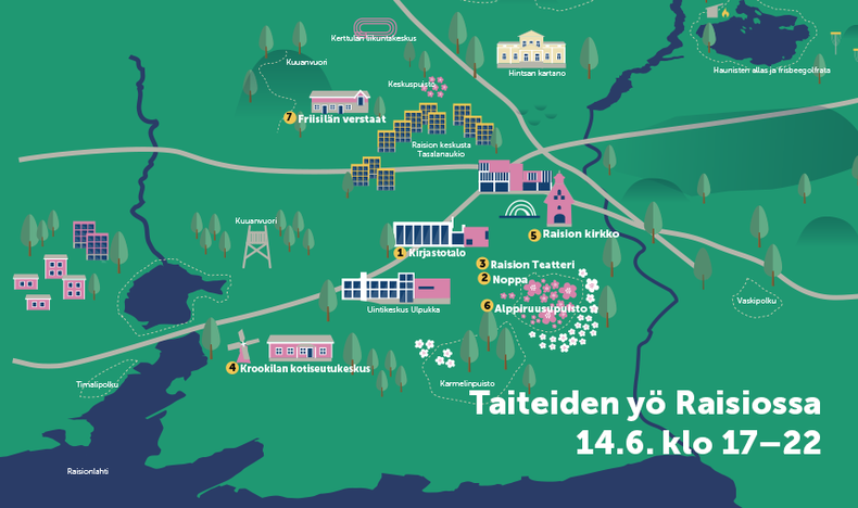 Taiteiden yö! Merkkaa kalenteriin ke 14.6. ja tule tutustumaan raisiolaiseen kulttuuritarjontaan. Elämyksiä tarjolla mm. Kirjastotalossa, nuortenkeskus Nopassa, Alppiruusupuistossa ja Krookilan kotiseutukeskuksessa. #raisio #tunneraisio #taiteidenyö 
👉raisio.fi/fi/tapahtumat/…