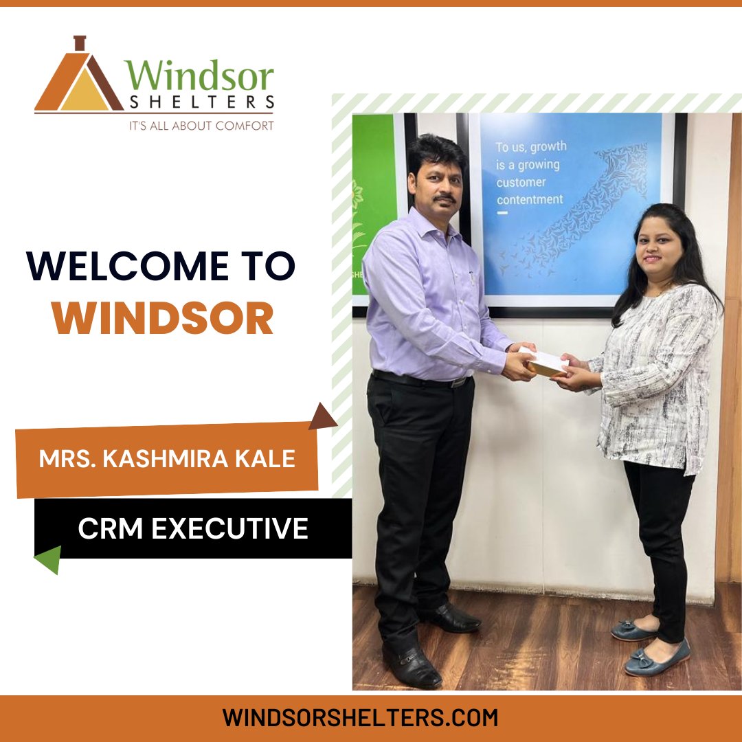 We are Glad to introduce you to Mrs. Kashmira Kale. She has joined as CRM Executive.

We take this opportunity to welcome her to Windsor Shelter's family, and wish her all the best in her new role.

#windsorshelters #onboarding #employeewelcome #welcomepost #newjoining