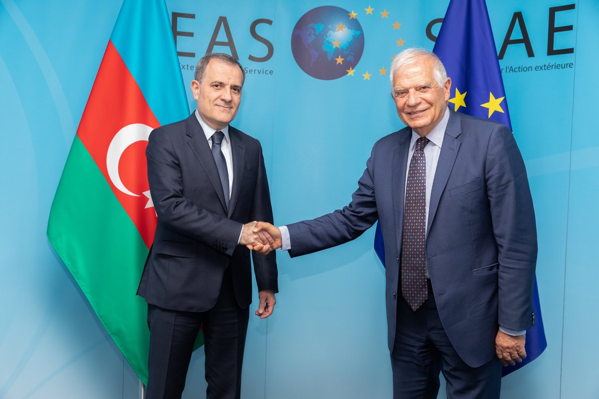 JosepBorrellF's tweet photo. Good exchange with FM @Bayramov_Jeyhun. Welcomed resumption of  trilateral meetings hosted by @eucopresident, discussed its outcomes &amp; way forward and exchanged views on EU-Azerbaijan relations. The EU continues engagement towards lasting peace and security in the South Caucasus. https://t.co/SbvlD3Aa0M