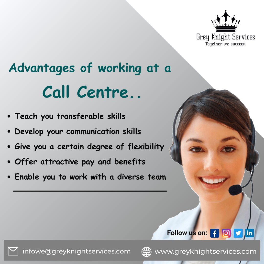 Advantages of working at a Call Centre..

.
.
#outsource #outsourced #outsourcingservices #outsourcedmarketing #outsourcedaccounting #growyourbusiness
#company #trending #trend #service #serviceprovider #greyknightservices #CallCenterAgent #callcentersolution