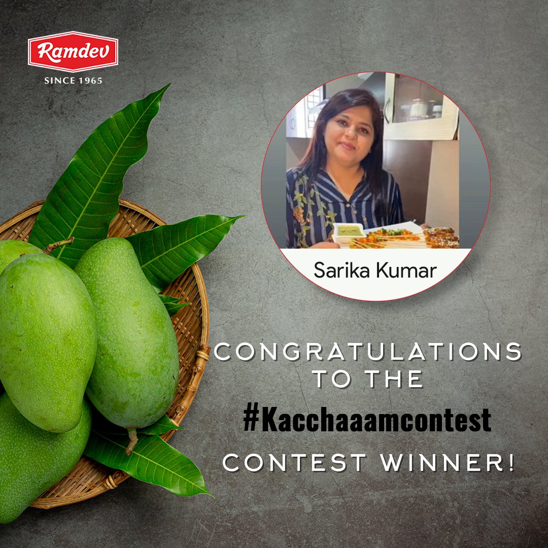 Ramdev_Food's tweet photo. Here's our winner of the Kaccha Aam Mango Contest. Our heartiest congratulations to @sarikakumarrecipes, thank you for your participation.  

Stay tuned for more contests!

#Ramdev #Contest #Winner #kacchaaam #RamdevStore #PremiumBlendedSpices #PremiumSpices https://t.co/RYMP6GdjL3