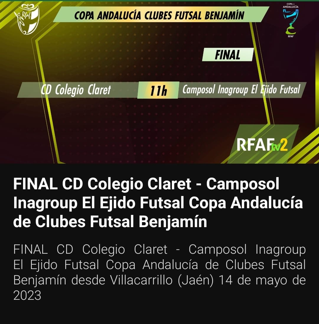 🥅 Futsal 

🏆Martes de Copa Andalucía de clubes benjamín. 

⚔️ @CDClaretSev🆚 @CDElEjidoFutsal 
🏟️ Villacarrillo. 

🔗bit.ly/3MqAsul 

💟 #FutsalRFAF