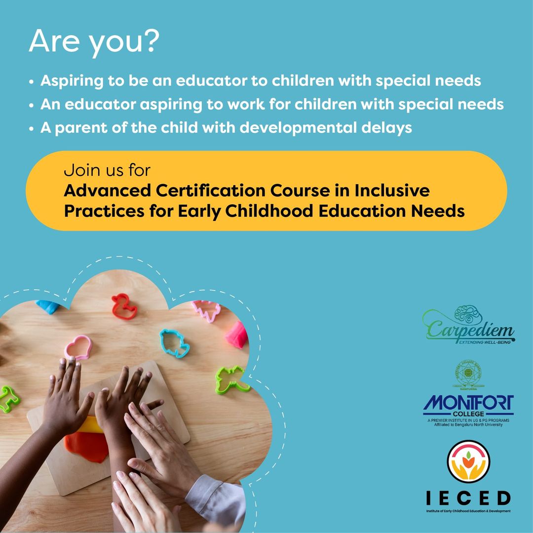 IECED_KLAY's tweet photo. IECED, is thrilled to launch the Advanced Certificate Course in Inclusive Practices for Early Childhood and Education Needs, in association with Montfort College, affiliated to Bengaluru North University and Carpediem EdPsych Consultancy.
 To know more, call us on (+91)7349737682 https://t.co/H6mOIy7SMb
