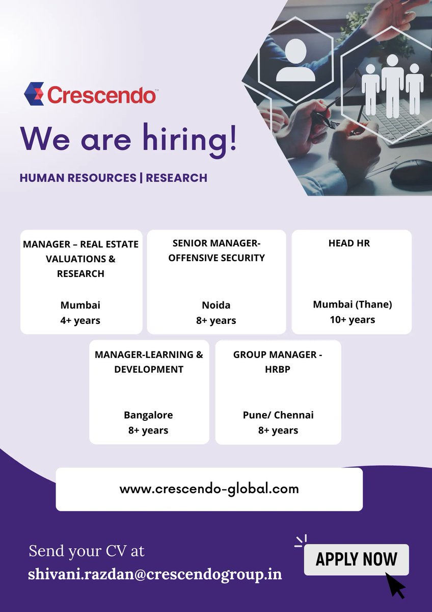 We are hiring!

Apply on our website buff.ly/3i70S86 

buff.ly/3pFkweW 
buff.ly/3Obvtiv 
buff.ly/3OdSEbV 
buff.ly/452Be8k 
buff.ly/3Iyzgmz 

Share your resume at shivani.razdan@crescendogroup.in

#humanresources #research #hr