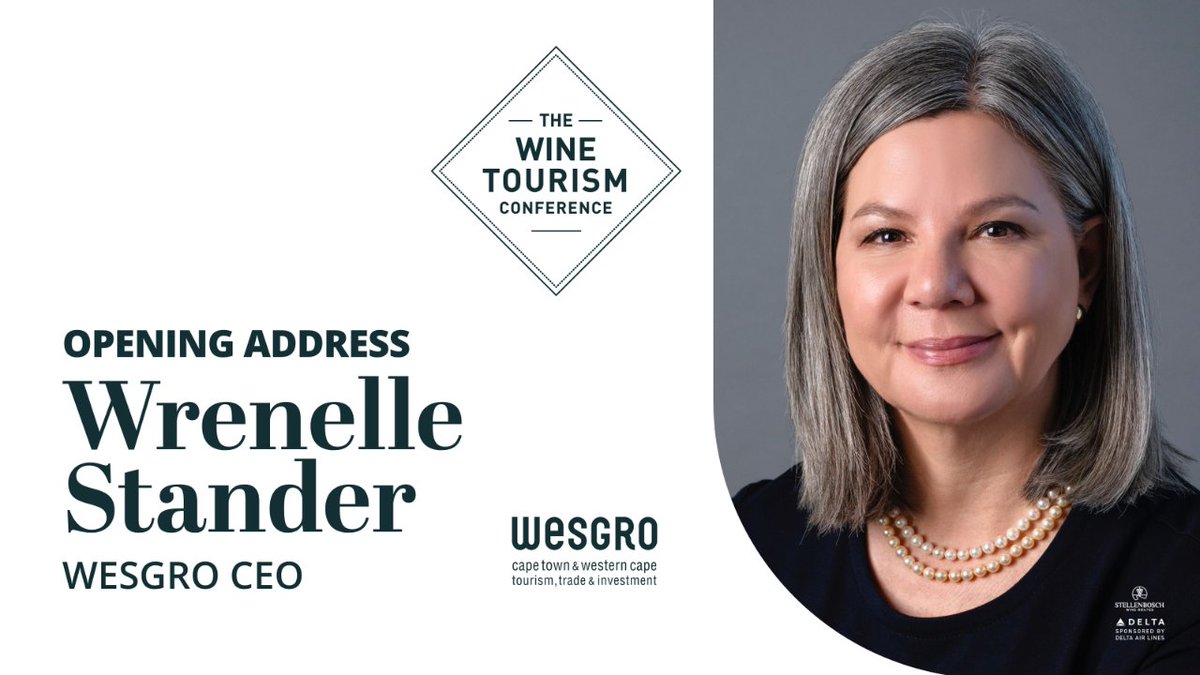 wineconfSA's tweet photo. It is with great pleasure to introduce 𝗪𝗿𝗲𝗻𝗲𝗹𝗹𝗲 𝗦𝘁𝗮𝗻𝗱𝗲𝗿, CEO of @Wesgro , speaker for the opening address at The Wine Tourism Conference tomorrow. - https://t.co/2oPcQsrENl
#wtconf2023 #stellenboschwineroutes #wesgro #deltaairlines #wwf #mltcorp #streetsmartsa https://t.co/EfO9Pf6t51