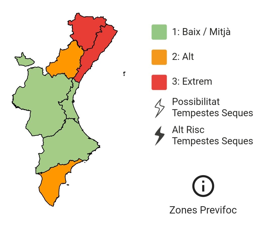 GVA112's tweet photo. 🔥El nivell de preemergència per risc d'incendis forestals hui 16/05 és:

🔴Extrem a l'interior nord i litoral de Castelló.
🟠Alt a l'interior sud de Castelló i sud d'Alacant.
🟢Baix-mitjà a la província de València i nord d'Alacant.

Si veus fum o foc telefona a l'1·1·2. https://t.co/CI1wwux33a