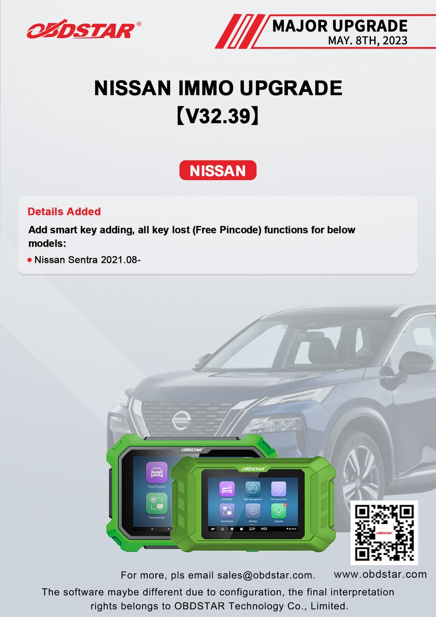 ObdstarTec's tweet photo. #OBDSTAR #Car #IMMO #MajorUpgrade
NISSAN IMMO UPGRADE【V32.39】

#NISSAN #KeyMasterDPPlus #KeyMaster5 https://t.co/c2qe0Y2QGg