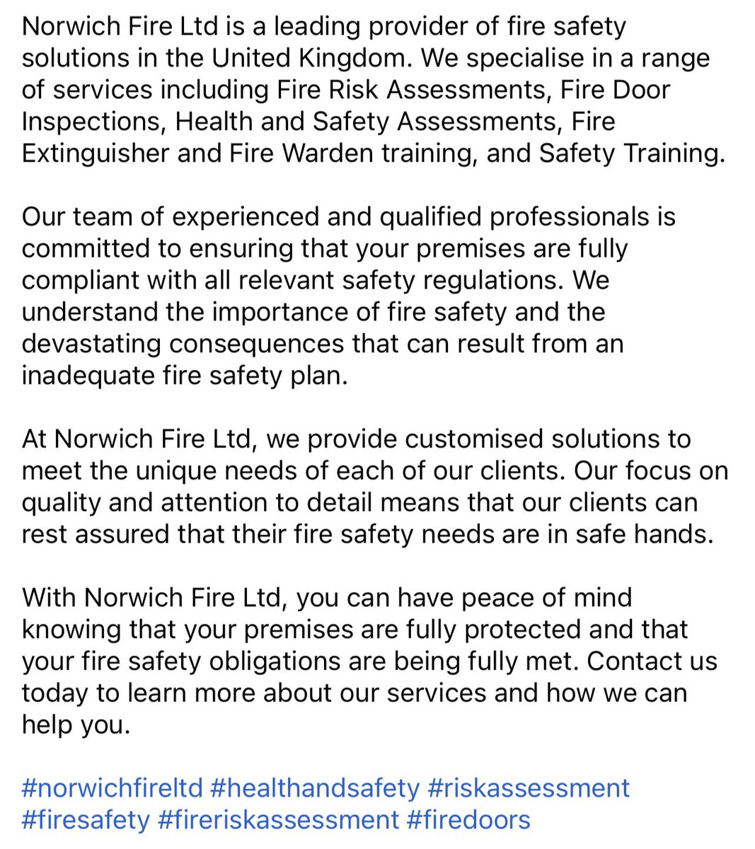 At Norwich Fire Ltd we specialise in a range of services including Fire Risk Assessments, Fire Door Inspections, Health and Safety Assessments, Fire Extinguisher and Fire Warden training, and Safety Training.
#norwichfireltd #healthandsafety #riskassessment #fireriskassessment