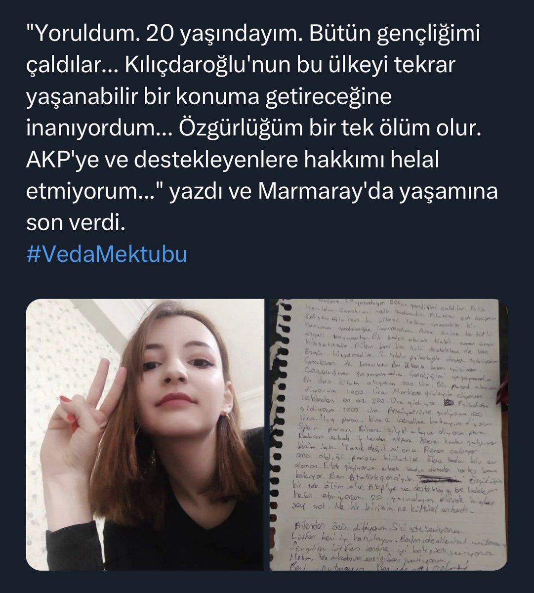 İkinci turda oy vermeyeceğim diyenler
Mevcut iktidarın işine yarayacak herhangi bir tercih yapacak olanlar
O gün aklınıza bu kardeşimiz, gençliklerini ve geleceğini çaldığınız çocuklarımız gelsin #VedaMektubu