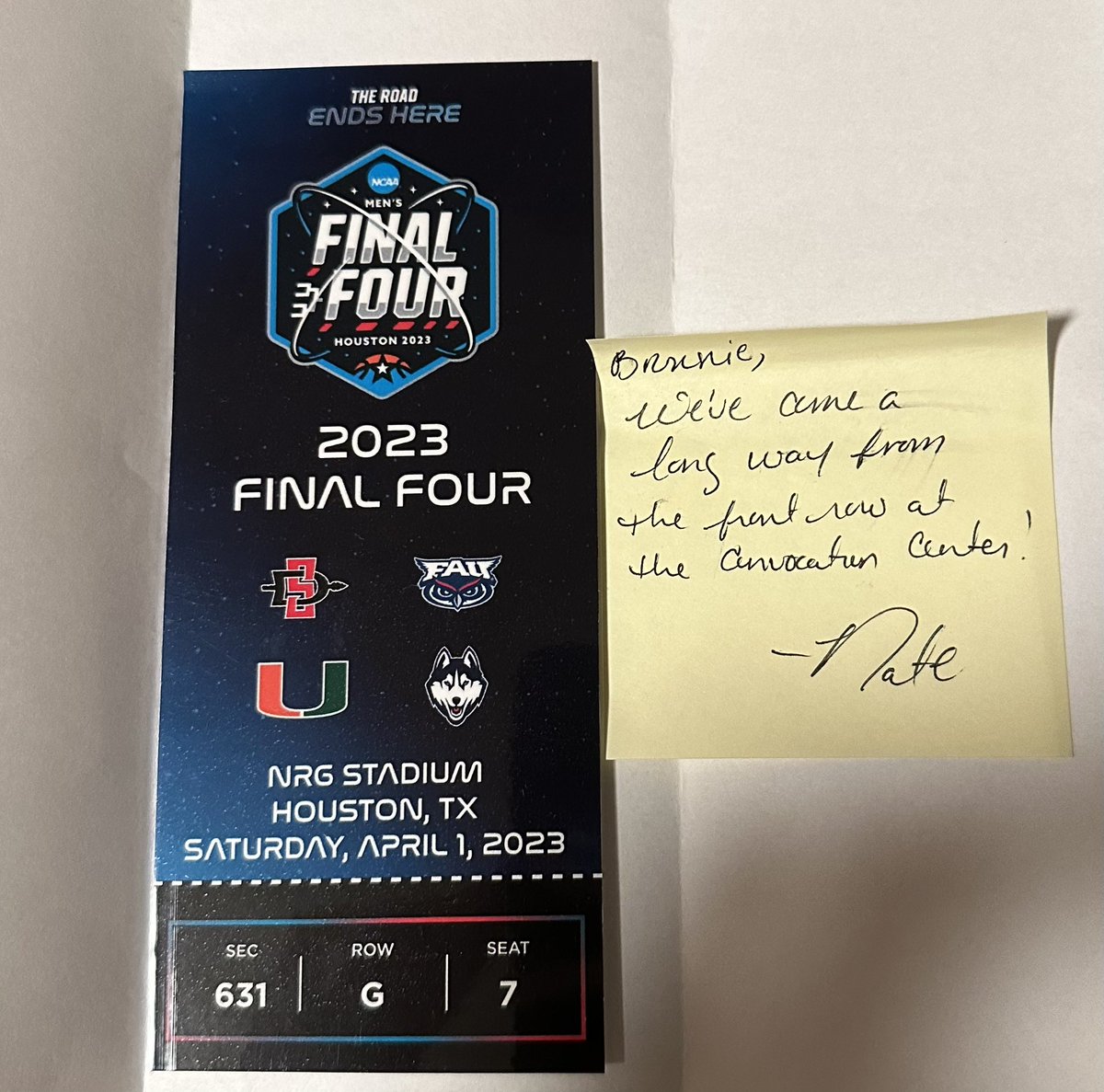 TheCoolerMelB's tweet photo. Thank you, @Canedude08, for this final 4 commemorative ticket! We’ve definitely come a long way from our #FrontRowCrew days! 🙌🏻🧡💚 https://t.co/HoQu2O3GH7
