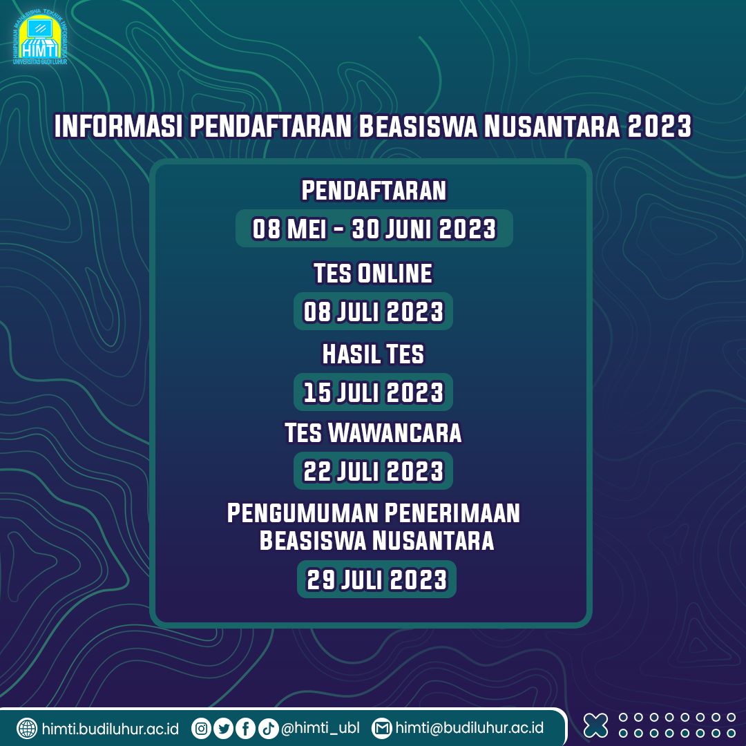 Halo SmarTIzen !👋
.
Berikut Adalah Informasi Pendaftaran Beasiswa Nusantara.
.
Yuukk Langsung Aja Di Catat Tanggalnya!😁
.
Link Pendaftaran
pendaftaran.budiluhur.ac.id/beasiswanusant…
.
#infobeasiswa
#kampusbudiluhur
#ftibudiluhur
#himti_ubl
#teknikinformatika
#biruputihinformatika