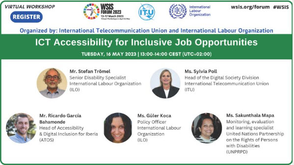 .<a href="/rigarciab/">Ricardo Garcia Bahamonde</a> de Atos, participará hoy en el taller virtual "Accesibilidad de las TIC para oportunidades de empleo inclusivas", del <a href="/WSISprocess/">World Summit on the Information Society (WSIS)</a>, organizado por <a href="/ITU/">Int’l Telecommunication Union</a> y <a href="/ilo/">International Labour Organization</a>. 

Únete y descubre la importancia de las solicitudes de empleo en línea accesibles👉spr.ly/6014Og7JK