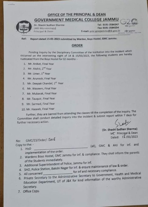 jkmediasocial's tweet photo. Students clash over 'Kerala Story' | 10 students rusticated from the GMC Jammu Hostel for 2 months and also debarred from attending the classes till the completion of the inquiry by the disciplinary committee of the Institute. https://t.co/YANmiwt93Y