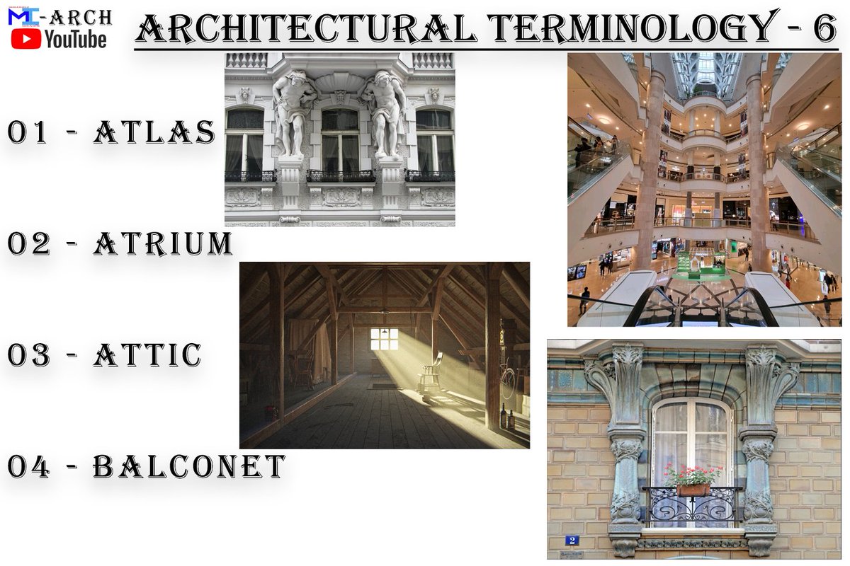 Mi1991Ibrahim's tweet photo. ARCHITECTURAL TERMINOLOGY - 6
#astragal #articulation #arrowslit #arrisrail #atlas #balconet #attic #atrium
#Apse #araeostyle #apron #arris #architecturalvideo #architecture #nationalaptitudetestinarchitecture #architecture https://t.co/h8xzxfx6Lw