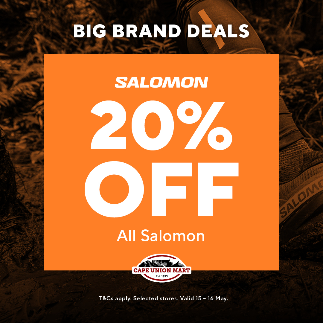 🚨 Last chance to save BIG on Salomon.

Shop now & get 20% OFF all Salomon products.

T&Cs apply. Selected stores. Hurry, offer ends midnight.

🔗Shop now: bit.ly/3pJrQGw

#CapeUnionMart #Salomon #AdventureStartsHere #BigBrandDeals #WinterAdventures #AdventureEverywhere