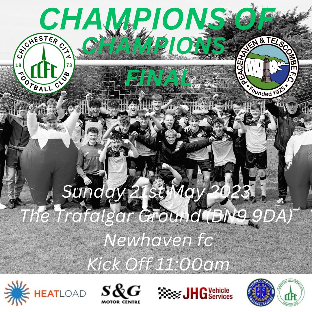 DevelopmentCCFC's tweet photo. 🔜 We can confirm that our Champions of Champions final will be agaisnt @PT_FC this Sunday at The Trafalgar Ground (Newhaven fc) 

There is a entry fee for the final which is listed below:

🎟 Adults £5
🎟 OAP's £3
🎟 Kids Free 

#UpTheChi 🟢⚪️ https://t.co/6APPj9tzod