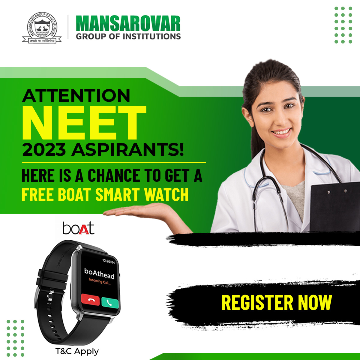 mansarovargroup's tweet photo. NEET Aspirants 2023, don't miss this chance to get your Free Boat Smart Watch 
Register Now! 

https://t.co/6qpQWlCEHB

#MyboAtMoment #WearYourSmart #neet2023 #mansarovargroup https://t.co/vh1B4S67mj
