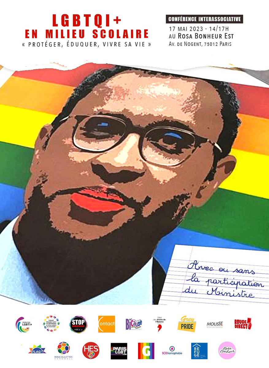 Le #17mai, Journée Mondiale de lutte contre la haine anti-#LGBTI, nous serons présents à cette Conférence interassociative contre les lgbtiphobies en milieu scolaire.
Parce qu’il faut qu’il y ait un avant et un après #Lucas
Entrée libre et gratuite au <a href="/RosaBonheur/">Rosa Bonheur ⭐💃</a> Est