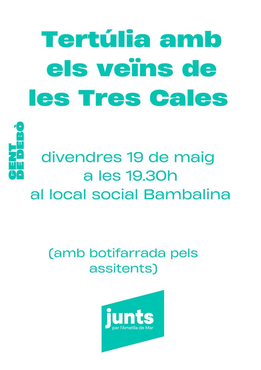Bon dia #Catalunya !!! Divendres us hi esperem amb <a href="/delamogalarzo/">Eva del Amo</a> i <a href="/juntsxlacala/">Junts per l'Ametlla de Mar</a> a 3 Cales per fer Tertúlia
I menjar botifarra !!!  Som-hi #GentdeDebò Dona’ns confiança !!!