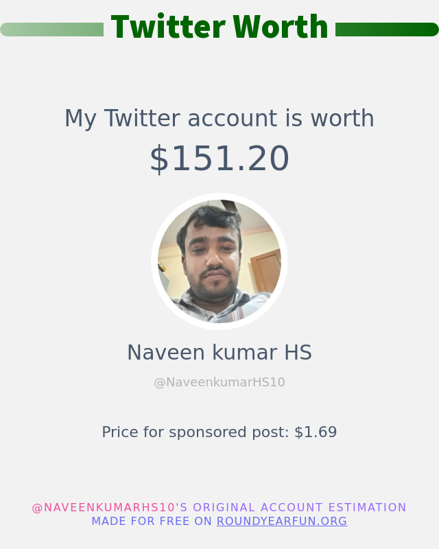 NaveenkumarHS10's tweet photo. My Twitter worth is: $151.20

➡️ https://t.co/wOgropwD9Z https://t.co/UFxSYlzOO2