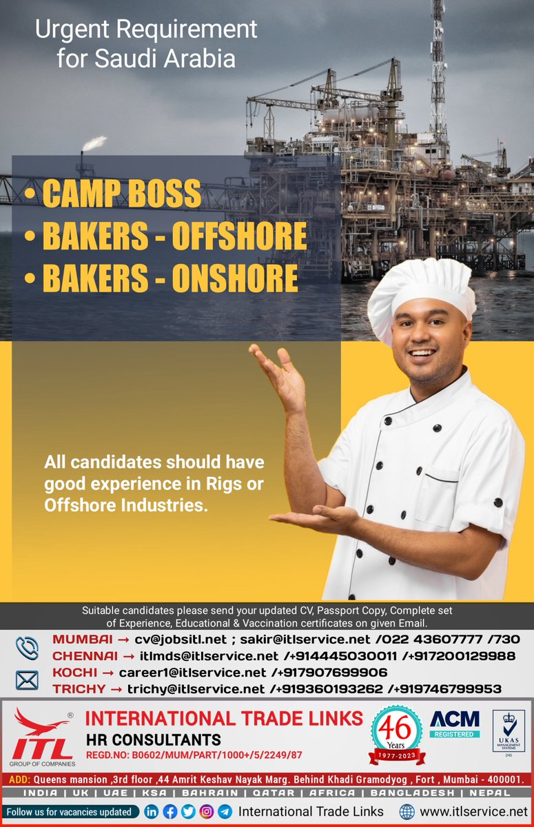 ItlJobs's tweet photo. JOB VACANCY FOR #saudiarabia
Interested candidates, please send your updated CV on given emails
Learn more : https://t.co/L5a1jS36cU
ITL H.O Location : https://t.co/EUEGpvplAT
#campboss #baker #pastry #cookingjob #chefsofinstagram #cook #nightcook #assistantcook #cookjobs https://t.co/Rxc1OkTKSY