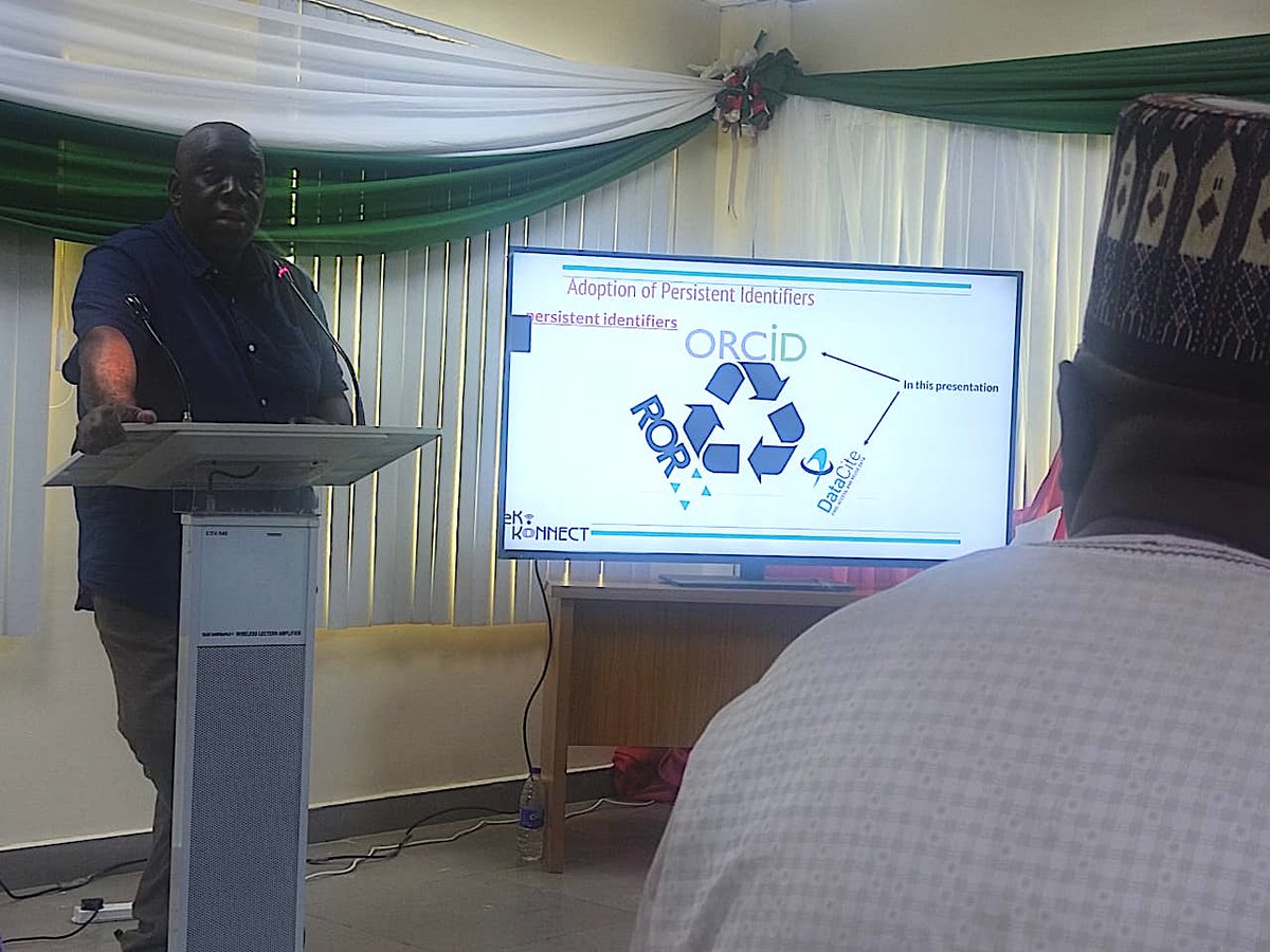 EkoKonnect's tweet photo. Addressing Librarian during the 108th Meeting of AULNU in Abuja, Nigeria, CEO @oiyoha outlines @LIBSENSE PID strategy with examples of how PIDs from @ORCID_Org, @DataCite  @ResearchOrgs help institutional repository visibility and #OpenAccess support. https://t.co/XR6HjDRmGU