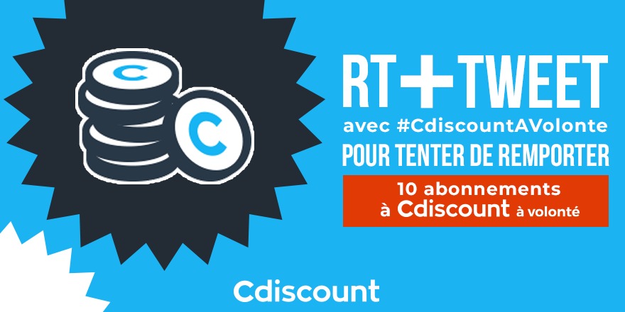 🎁 #Concours 

Vous avez un compte client sur Cdiscount ? Très bien !
Vous n'avez pas d'abonnement Cdiscount à volonté (livraison express, cagnottage...) ? On va arranger ça 😉

✔️ RT + TWEET avec #CdiscountAVolonte
✔️✔️ 10 personnes remporteront un abonnement d'un an