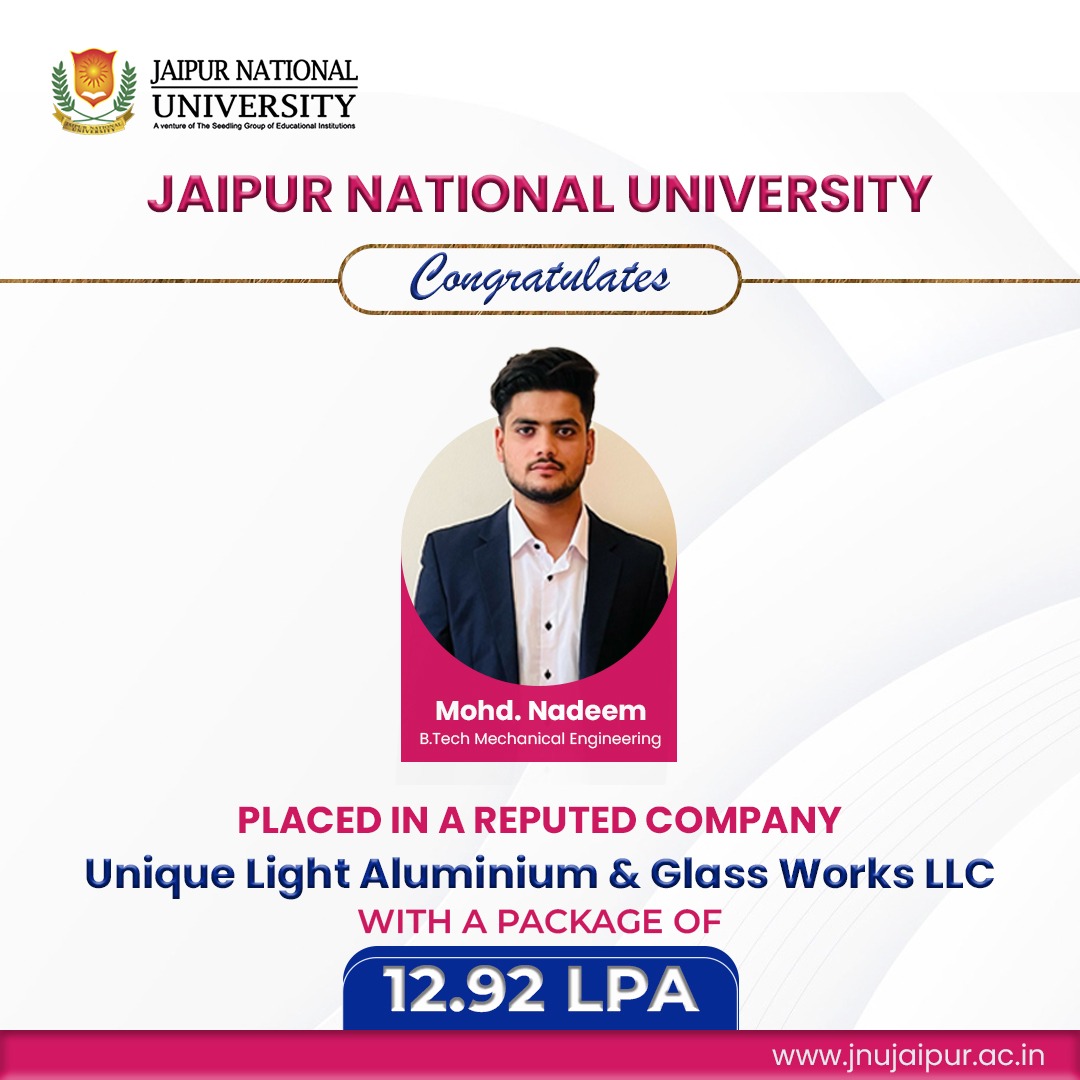 JAIPURJNU's tweet photo. Jaipur National University's students are equipped with unparalleled confidence and academic rigor, with which the sky is their limit. Wishing Mohd. Nadeem for a bright future.

#placements #BTechPlacement #congratulations #jaipurnationaluniversity https://t.co/chPBlYYMT2