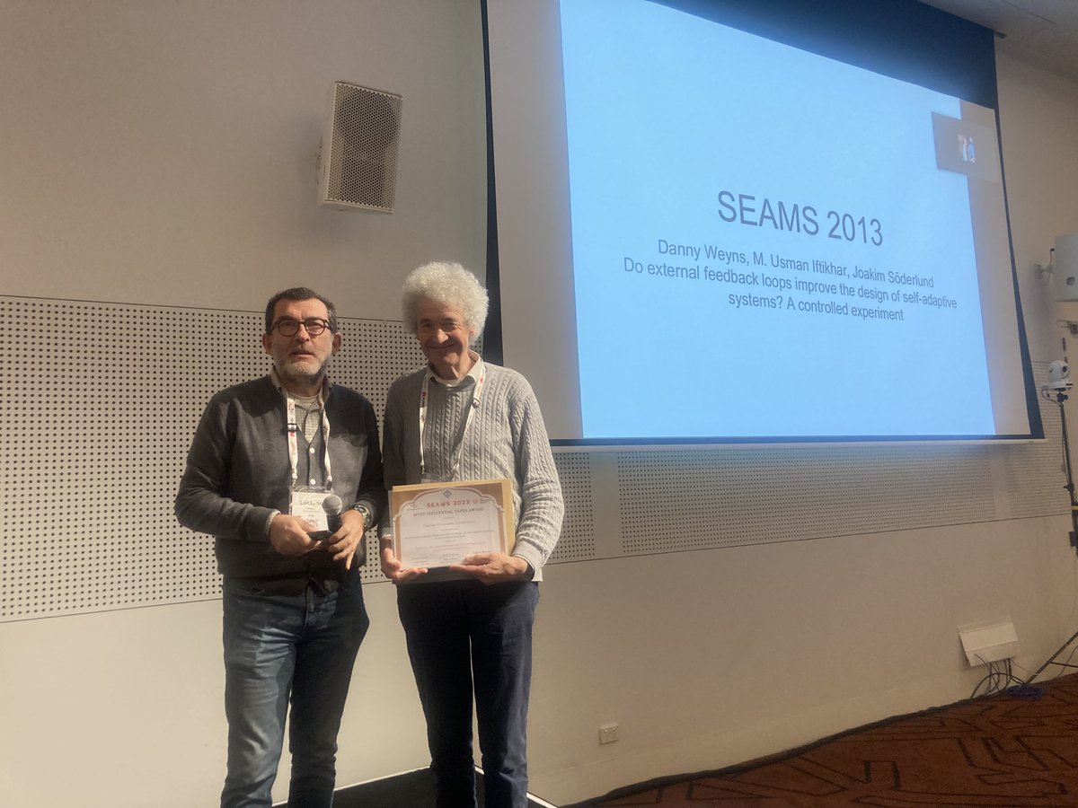 SEAMS (@seamsconf) on Twitter photo And another SEAMS most influential paper award, looking back to 2013... 🥁 Congrats to Danny Weyns, M. Usman Iftikhar and Joakim Söderlund for their paper "Do external feedback loops improve the design of self-adaptive systems? A controlled experiment"! 🎉 And another SEAMS most influential paper award, looking back to 2013... 🥁 Congrats to Danny Weyns, M. Usman Iftikhar and Joakim Söderlund for their paper "Do external feedback loops improve the design of self-adaptive systems? A controlled experiment"! 🎉