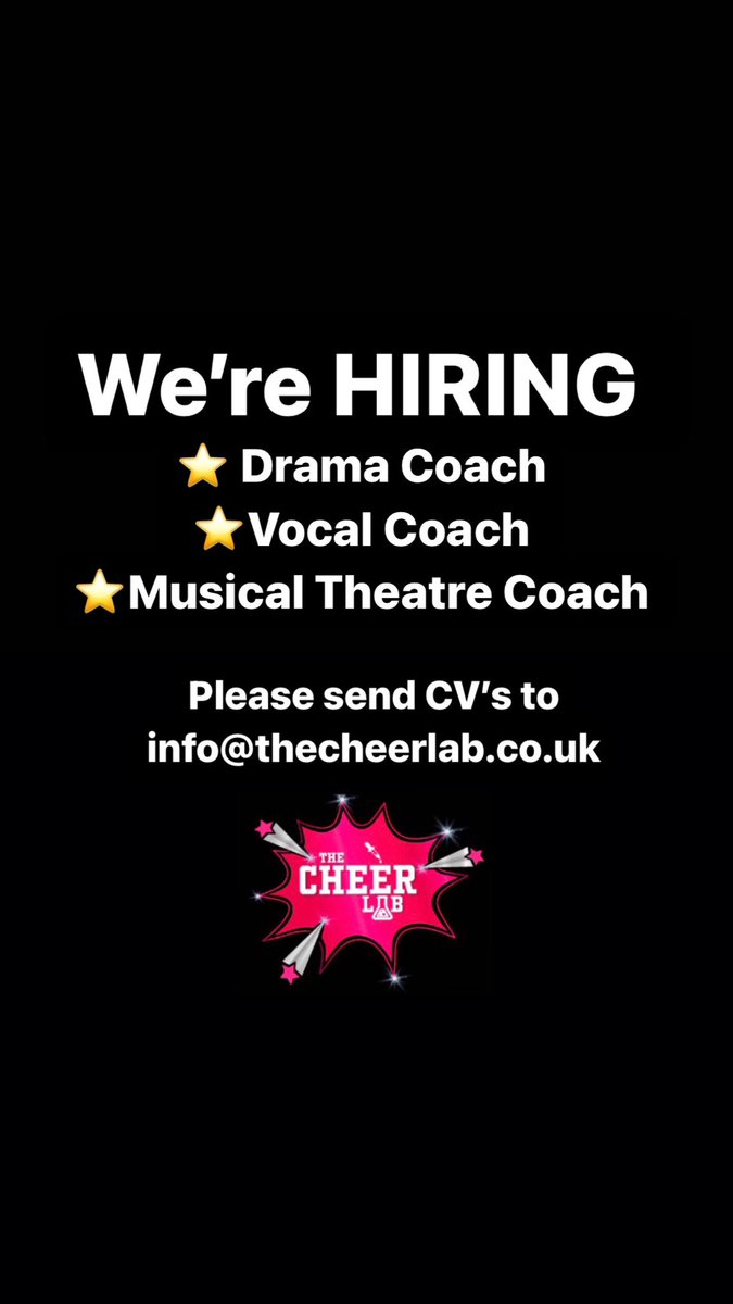 We are looking for the following to join our coaching staff. 

Please share to anyone qualified/interested 

CVs to info@thecheerlab.co.uk

#manchester #vocalcoach #dramateacher #musicaltheatre #teachers #musicalteacher #tameside #vacancymanchester #vacancytameside #hiringnow