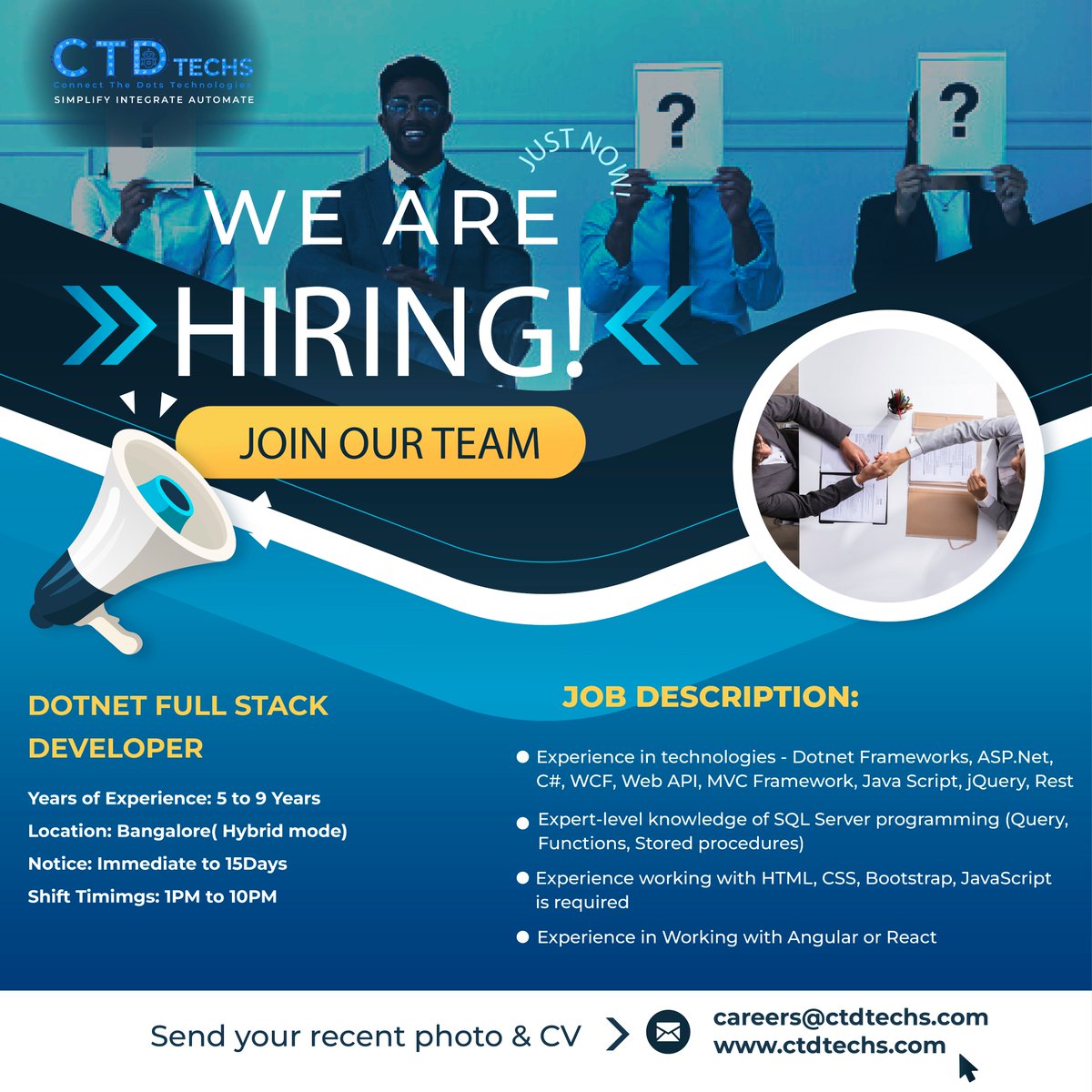 We're hiring talented Asp .NET full-stack developers to join our team! If you're passionate about coding, problem-solving, and creating innovative solutions, we want to hear from you.

Share your CV to
careers@ctdtechs.com

#dotnetdeveloper #hiring #codingpassion #hiringnow