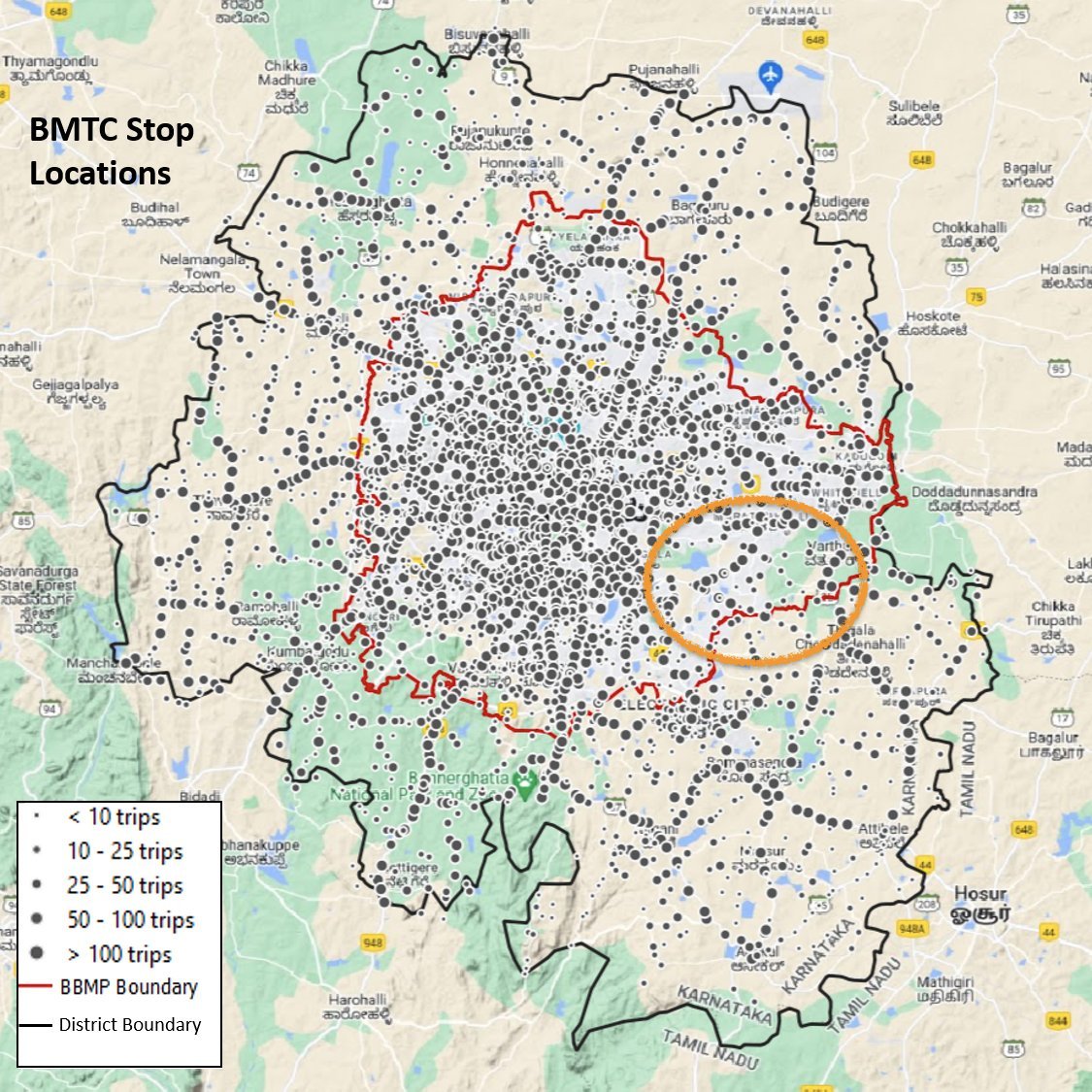 meerak's tweet photo. People spent hours trying to get to work today - from their homes off Sarjapur Road! Blame it on large apt communities + low road density + poor public transport connectivity
South-east Bengaluru #traffic jams unless we fix last-mile access - see bus stop coverage in the map. https://t.co/vcReCpUXJG