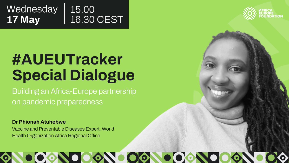 Looking forward to speaking at the <a href="/AfricaEuropeFdn/">Africa-Europe Foundation</a> #AUEUTracker Special Dialogue on May 17.

The Special Dialogue aims to engage African &amp; European stakeholders to deliver on the AU-EU commitment on pandemic preparedness.
 
Register to join the webinar ➤bit.ly/3VNBILf
