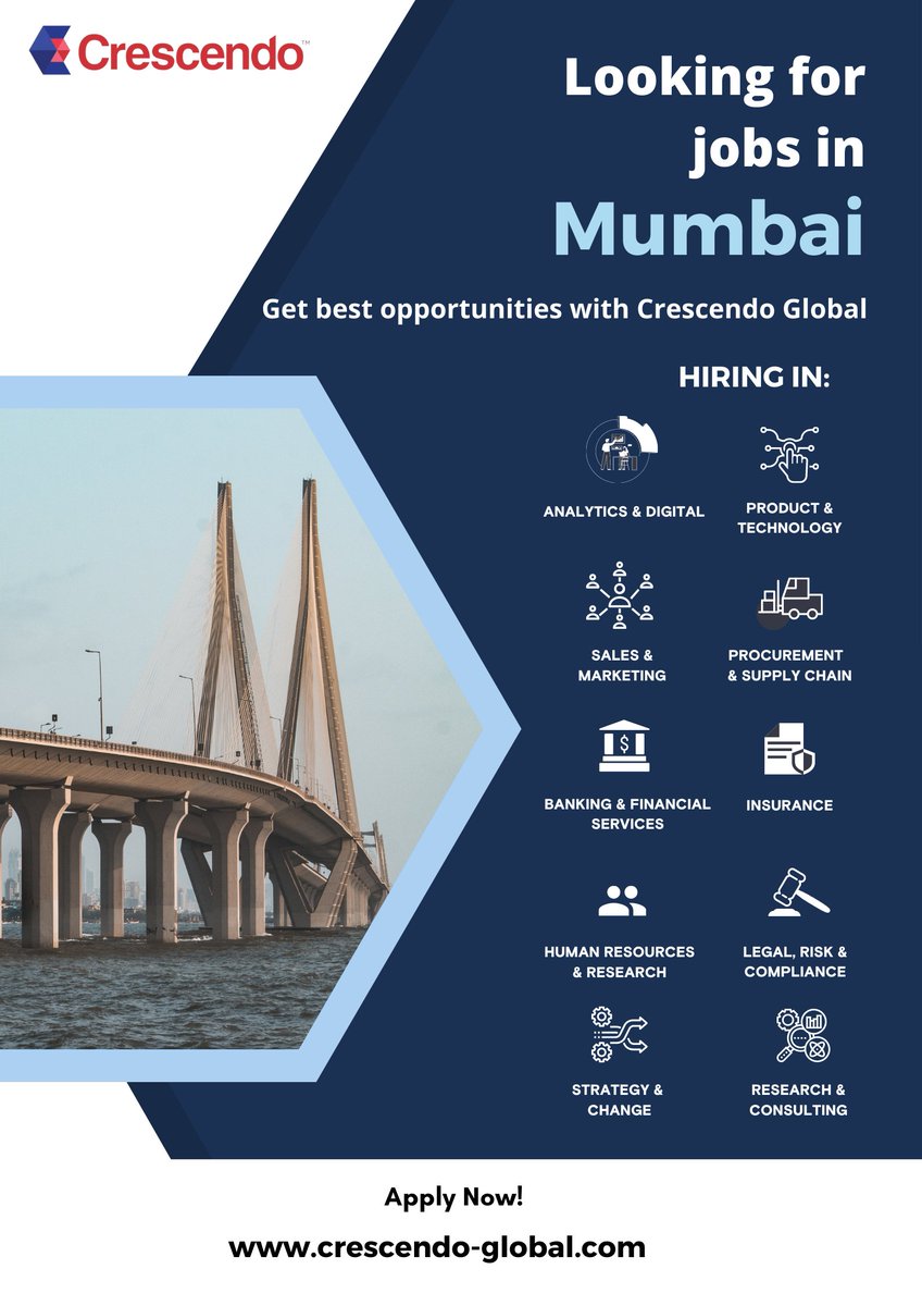 Looking for jobs in Mumbai?
Get the best opportunities with Crescendo Global
Apply now at buff.ly/3OXCnq4

#hiring #jobs #crescendoglobal #careers #finance #humanresources #technology #analytics #python #supplychain #banking #jobsinmumbai #mumbai #mumbaijobs #mumbaihiring