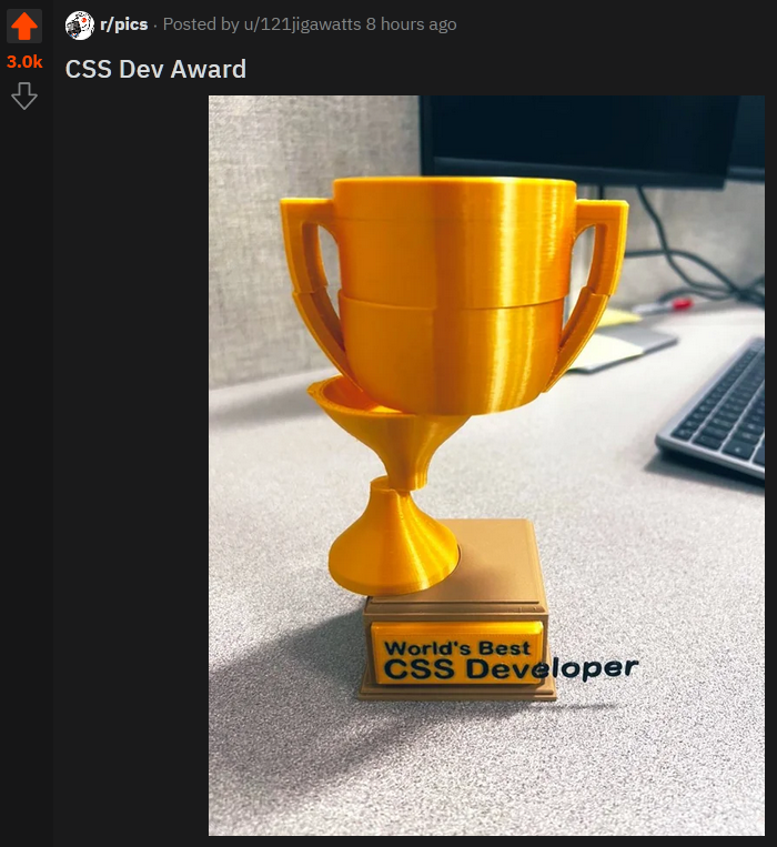 PR0GRAMMERHUM0R's tweet image. CSS Dev Award. Guess I gotta print one now... reddit.com/r/programmerhu…
