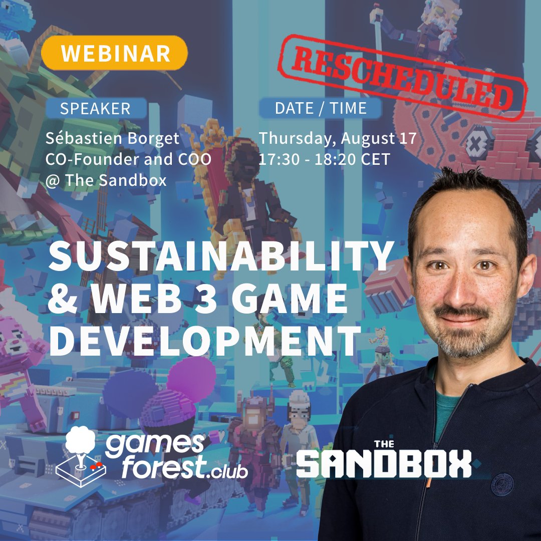⚠️ RESCHEULED WEBINAR: How can we make Web3 gameplay more sustainable? With Sébastien Borget.

👉  Join us on Thursday, AUGUST 17th, 17:30 - 18:15 CET to learn what <a href="/TheSandboxGame/">The Sandbox</a> has done to reduce their carbon footprint.

👉 Register here: zoom.us/meeting/regist…
