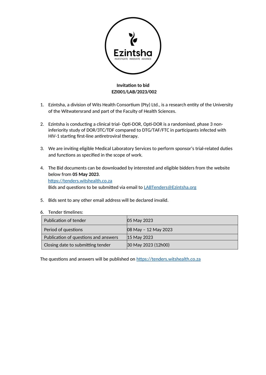 #Invitation to bid for Medical Laboratory Services to perform sponsor’s trial-related duties and functions #Ezintsha #Research