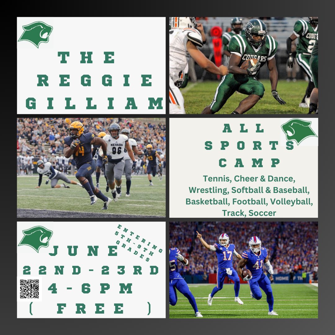 WHSCougars's tweet photo. @NFL Player Reggie Gilliam is hosting a FREE All Sports Camp! All students entering 5th through 9th grades in South-Western City School District can attend! #GoCougars #ScanToRegister https://t.co/iZKq3kLxtA