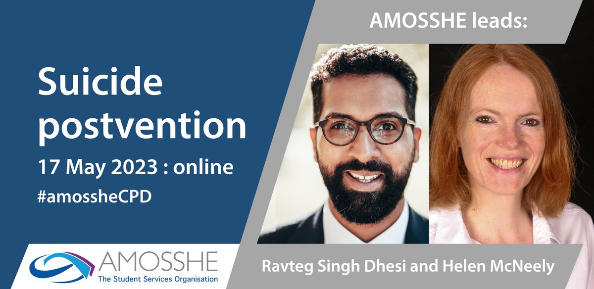 Our CPD leads Helen McNeely and Ravteg Dhesi look forward to welcoming you to this #amossheCPD as we explore how to support our students and communities after a suicide. 

Booking will close at 5pm today! amosshe.org.uk/event-4977169