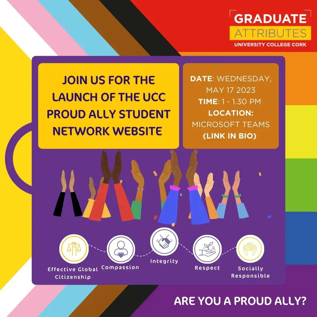 UCCGrAttributes's tweet photo. Join us for the launch of the LGBTQ+ Proud Ally UCC Student Network website on May 17th at 1pm 🌈

We've been honoured to work with many wonderful individuals and organisations to bring the Proud Ally network to life!
#proudally #ally #lgbtq  #BeginBelongBecome #UCCGradAttributes https://t.co/2pE8EPJMr2