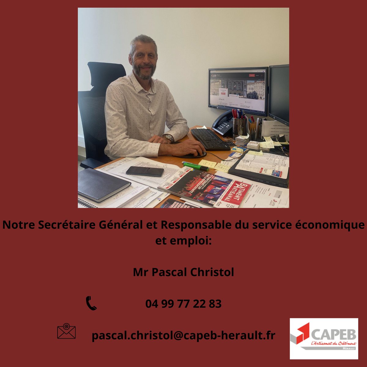 Aujourd’hui une petite présentation de notre Secrétaire Général et responsable service économie et emploi, Mr Pascal CHRISTOL.

#capebherault #herault #montpellier #clermontlherault #beziers #occitanie #batiment #34 #btp #artisans #artisan34 #artisanherault #artisanat #batiment34