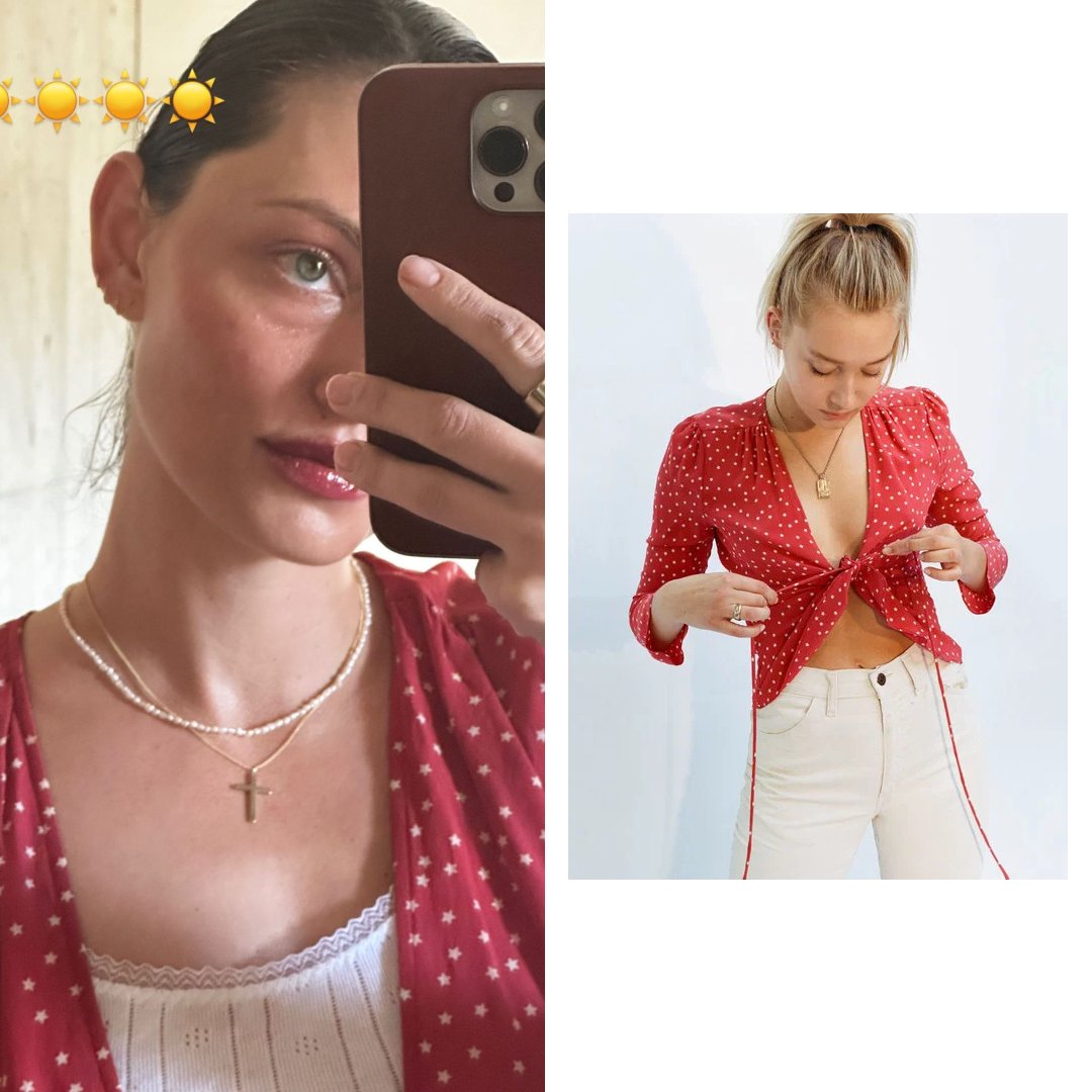 ptonkincloset's tweet photo. 16th April [2023] | On Phoebe Tonkin IG stories wearing #realisationpar Bianca Red Star Top. Phoebe also wears her #oura ring. Phone case by #apple. https://t.co/TFKkRzJ0E7