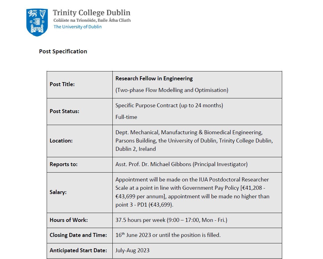 MichaelGibbons_'s tweet photo. 🚨We are #recruiting! Postdoctoral Research Fellow position - Two-phase Flow Numerical Modelling and Optimisation to join our team @GibbonsTFE @tcdengineering @tcddublin. #hiring #research #postdoc  #researchfellow #Engineering 

Full details: https://t.co/dexfA6JVow https://t.co/EI4f1LfZy2