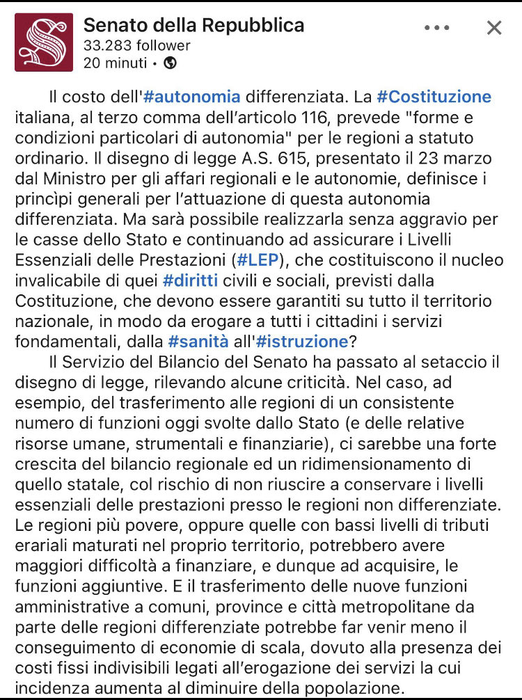 profgviesti's tweet photo. Il Servizio Bilancio del Senato documenta come l’autonomia regionale differenziata sia una secessione dei ricchi 
L’abnorme decentramento di funzioni e risorse finanziarie può creare problemi al bilancio dello stato e al finanziamento dei servizi nelle altre regioni https://t.co/8CtxkwS3zb